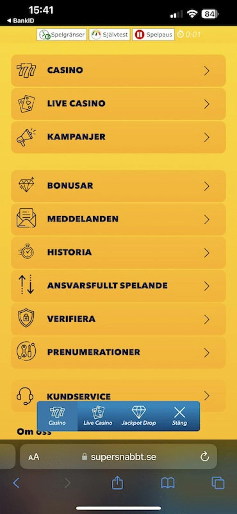 navigeringsmeny supersnabbt casino
