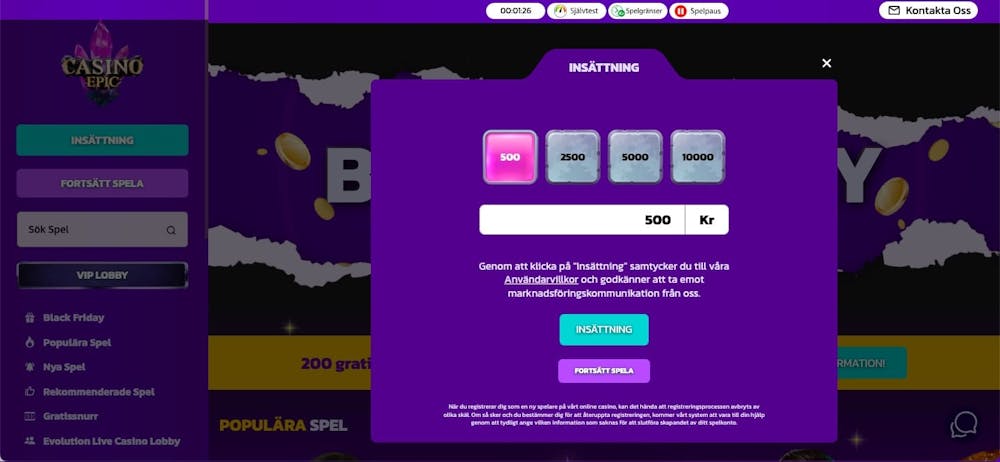 Insättningsrutan på casino epic