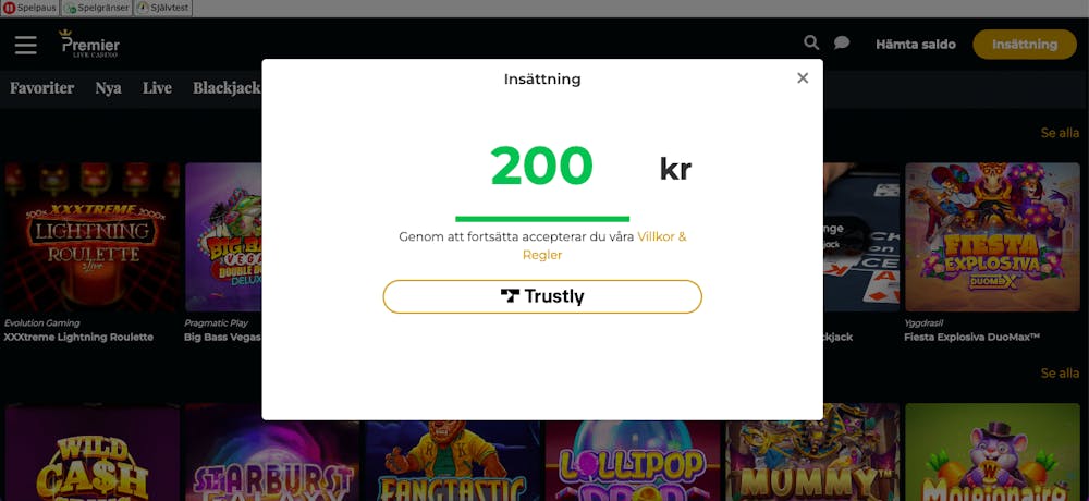 Insättning på premier live casino