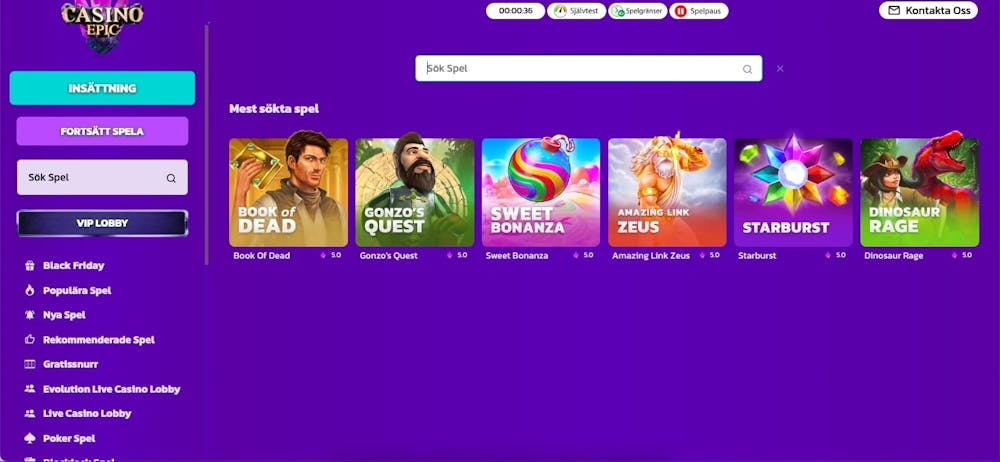 Sökfunktion i casinolobbyn