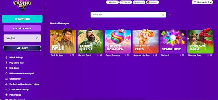 Sökfunktion i casinolobbyn