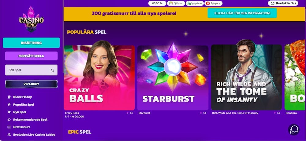 Startsidan på Casino Epic