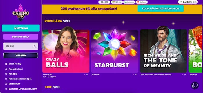 Startsidan på Casino Epic
