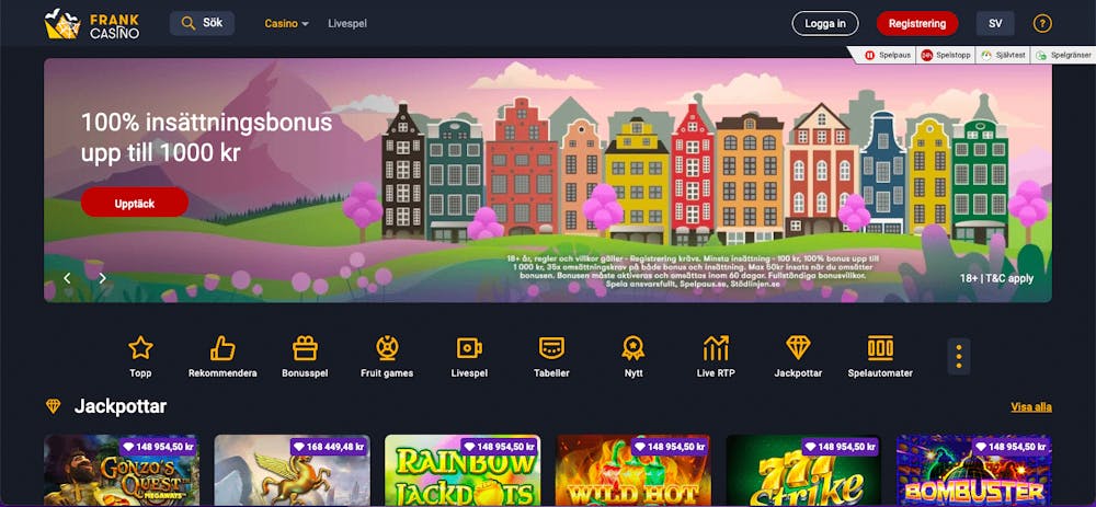 Startsidan på Frank Casino