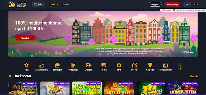 Startsidan på Frank Casino