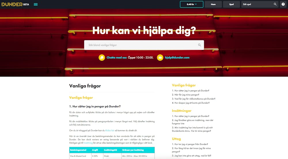 Dunder Casino Hjälpsida