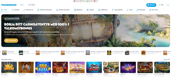 Bild som visar wunderino startsida