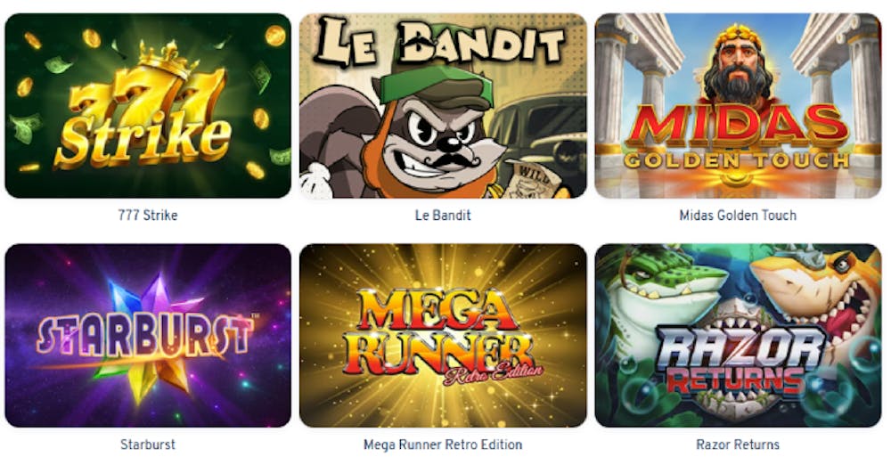 Bild som visar 6 populära slots på Wunderino casino med Starburst, 777 strike, le bandit, midas golden touch, mega runner och razor returns