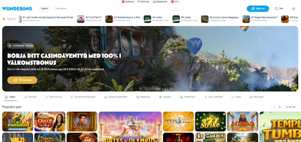 Bild som visar startsidan på Wunderino med spel och bonuserbjudande på 100%